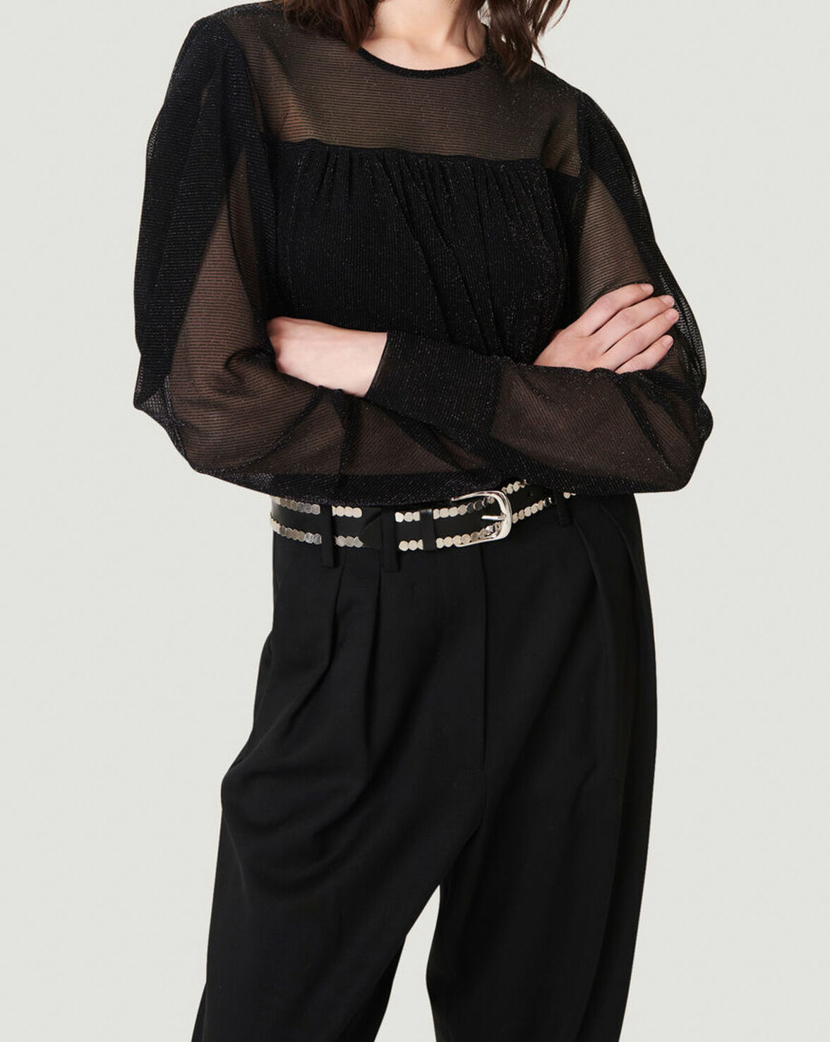 BRENNER SHEER METALLIC DRAPED KNIT TOP image number null